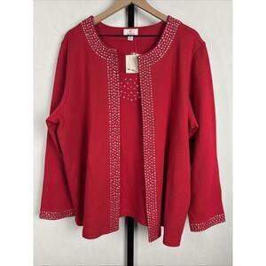 NEW Quacker Factory Embellished Cardigan Mock Tank Set Women's 2X Red Cotton